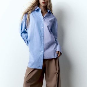 Zara blue asymmetrical striped button down shirt